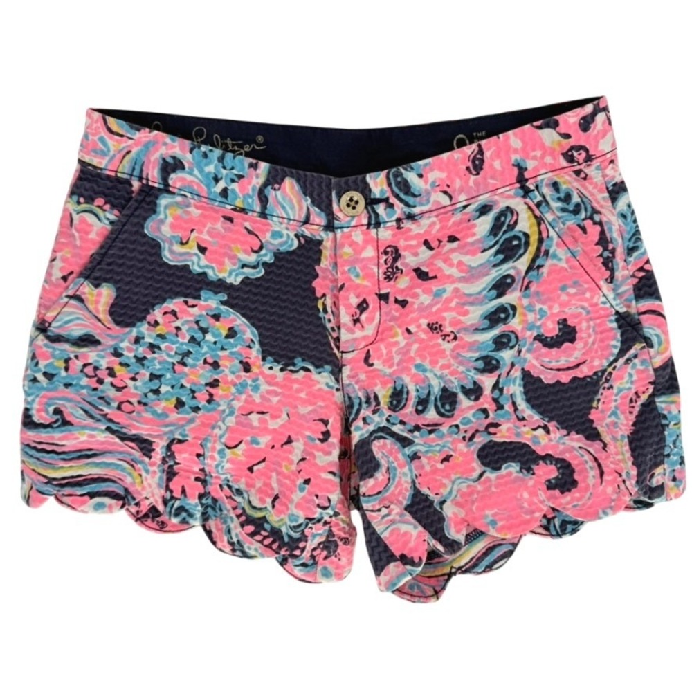 Lilly Pulitzer Buttercup Shorts Pink Navy Seersucker Scalloped Hem‎ Preppy 0